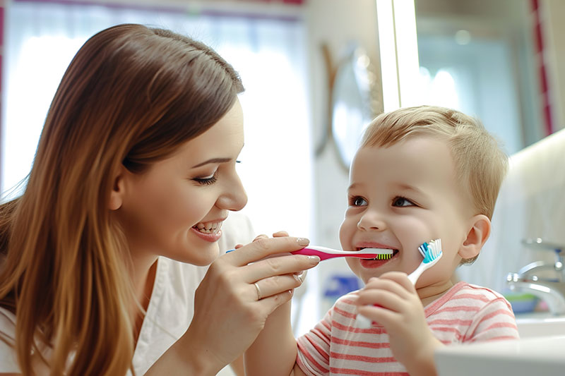 Instructing a child on how to brush their teeth